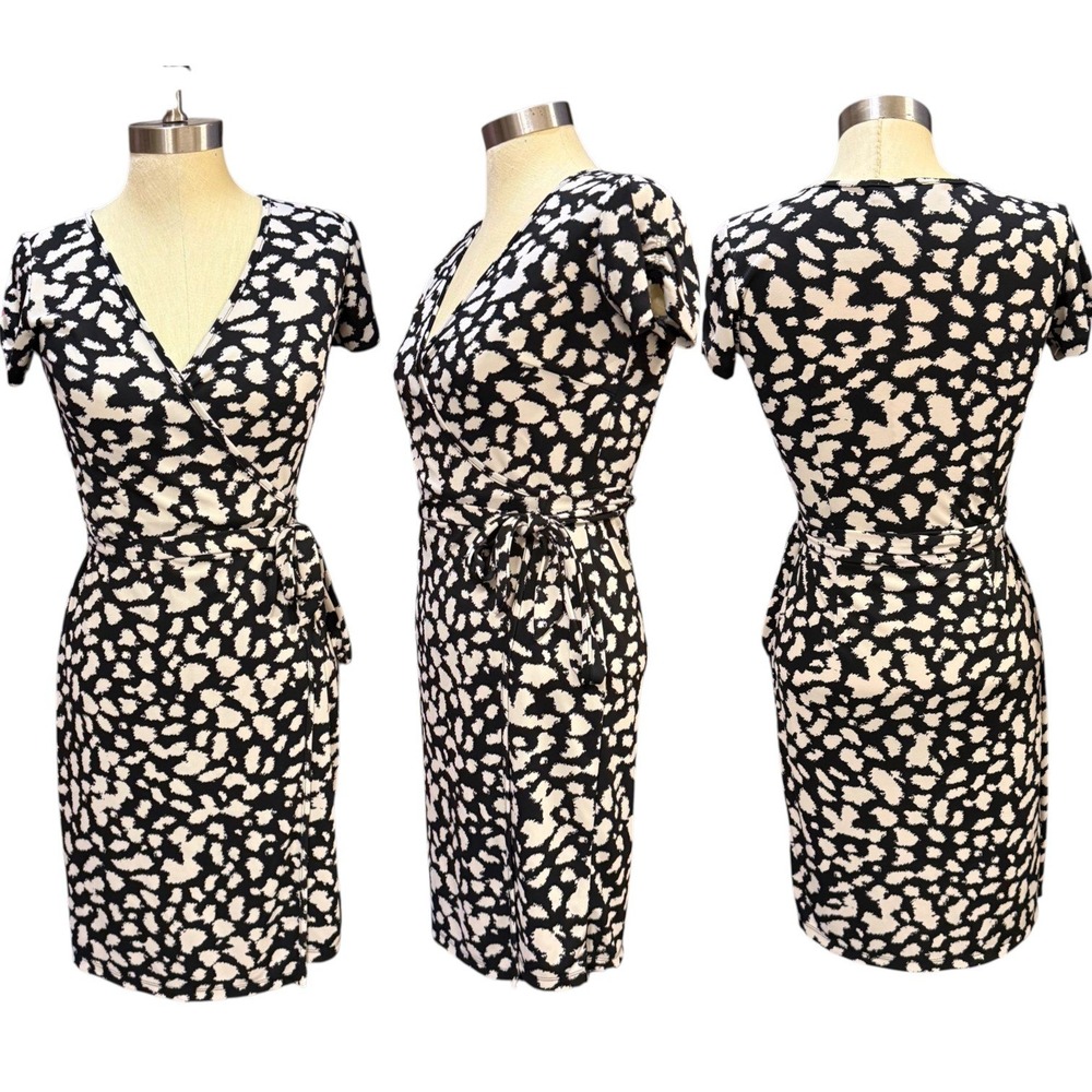 LOFT XS Animal Print Faux Wrap Dress Black White Short Sleeve Stretch Career